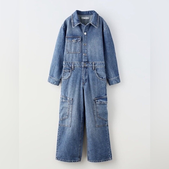 Zara Kids Girls Denim Jean Utility Jumpsuit Coveralls Overalls - Picture 1 of 7
